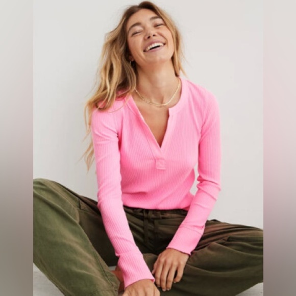 aerie Tops - Aerie Fireside Henley Hot Pink Top Ribbed Long Sleeve Shirt